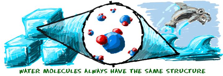 Water molecules have the same structure in different states. The difference is the organization of the molecules.