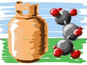 Cartoon image of propane tank and molecule.