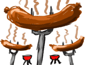Cartoon image of hot dogs at barbecue.