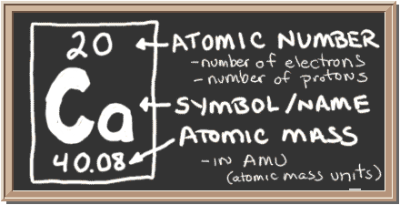 Chalkboard with description of periodic table notation for calcium.  There is a square with three values in it.  Top has atomic number, center has element symbol, and bottom has atomic mass value.  The atomic number equals number of protons and also the number of electrons in a neutral atom.  Atomic mass equals the mass of the entire atom.